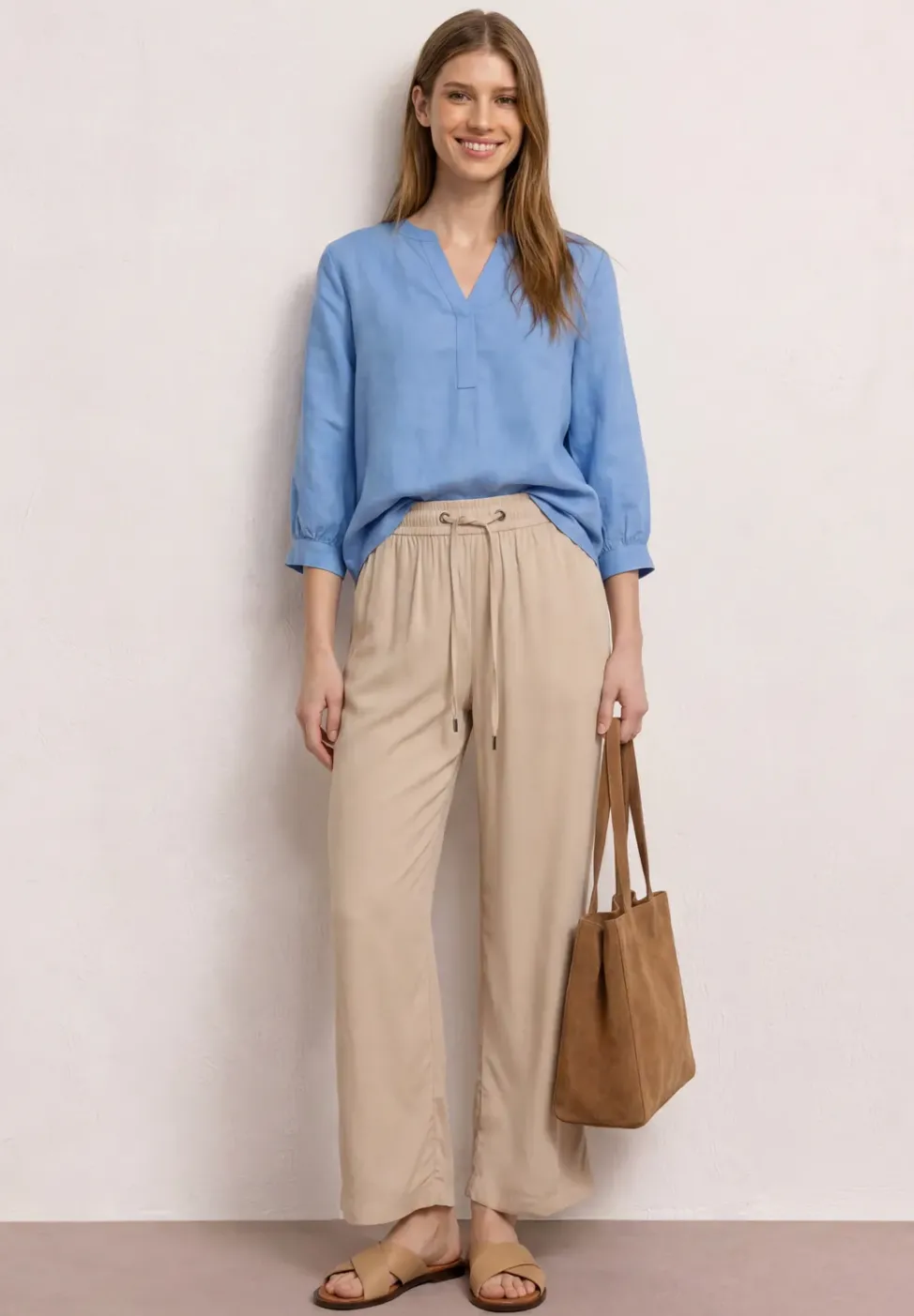 3/4-Arm Bluse aus Leinenmix mit Split Neck