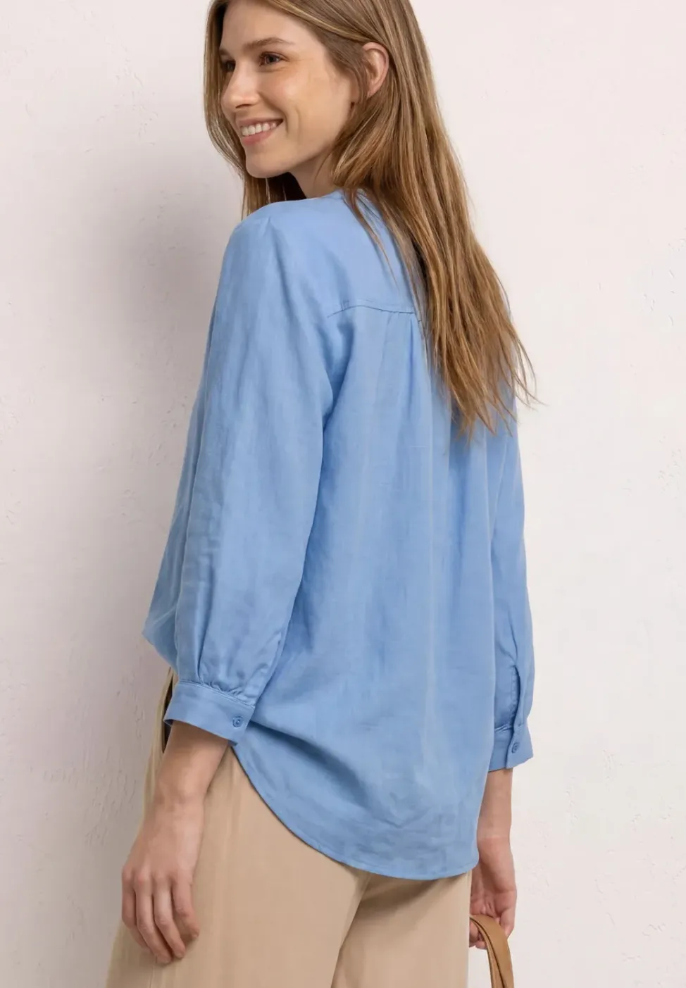 3/4-Arm Bluse aus Leinenmix mit Split Neck