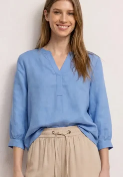 3/4-Arm Bluse aus Leinenmix mit Split Neck