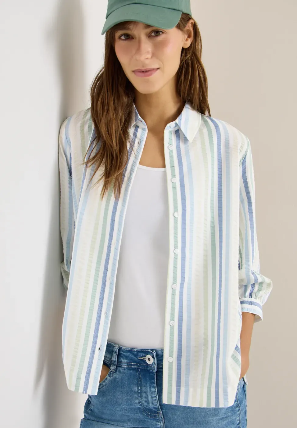 3/4-Arm Bluse in Seersucker Qualität