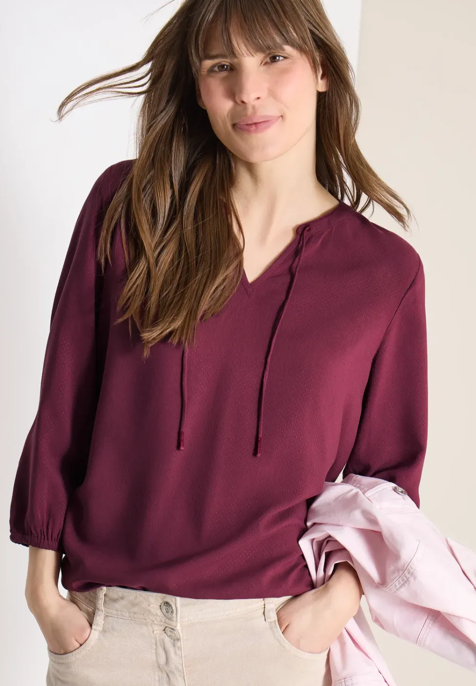 3/4-Arm Bluse mit Split Neck und Bändern