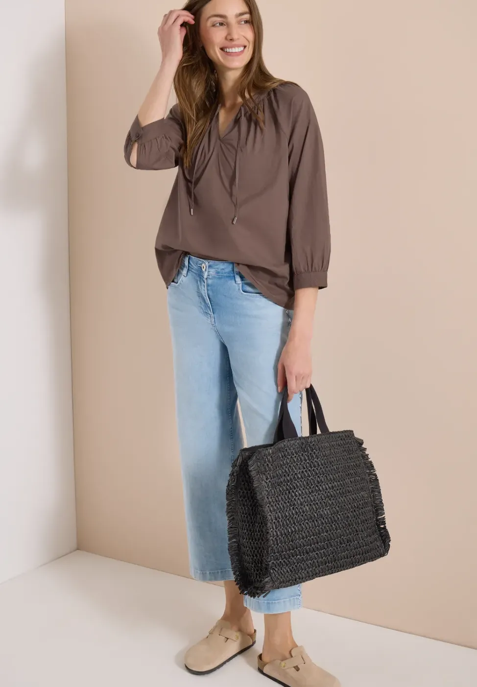 3/4-Arm Bluse mit Split Neck in Unifarbe