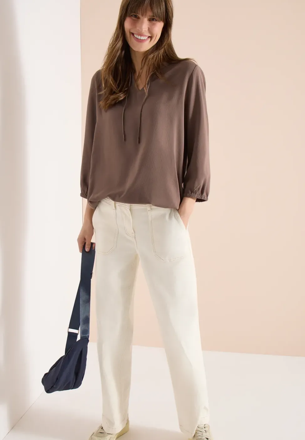 3/4-Arm Bluse mit Split Neck und Bändern