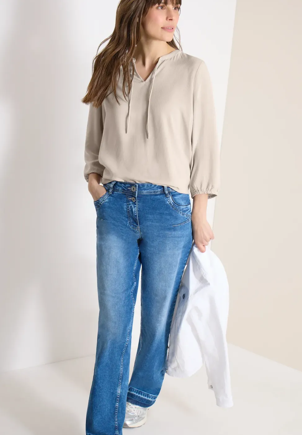 3/4-Arm Bluse mit Split Neck und Bändern
