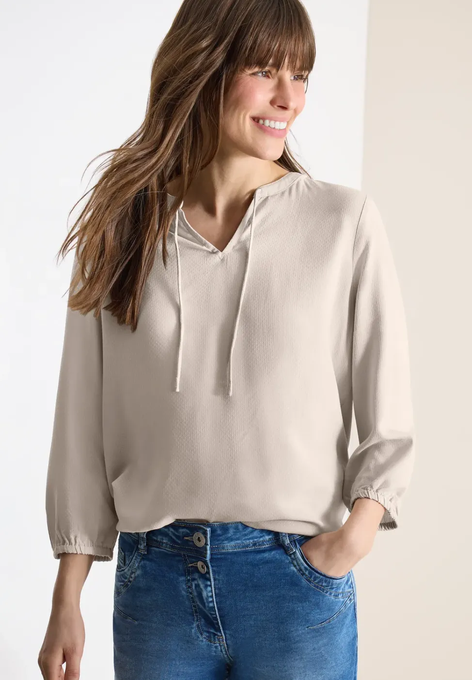 3/4-Arm Bluse mit Split Neck und Bändern
