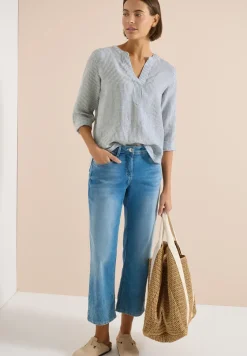 3/4-Arm Bluse mit Split Neck aus Leinen