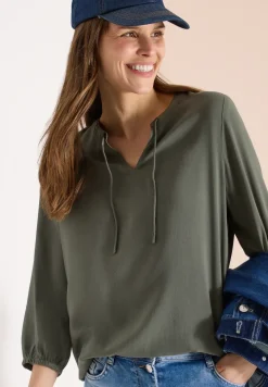 3/4-Arm Bluse mit Split Neck und Bändern