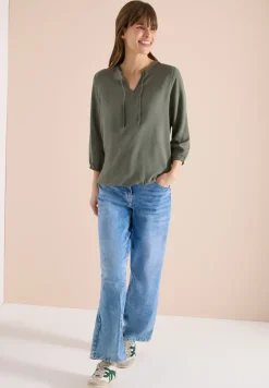 3/4-Arm Bluse mit Split Neck und Bändern