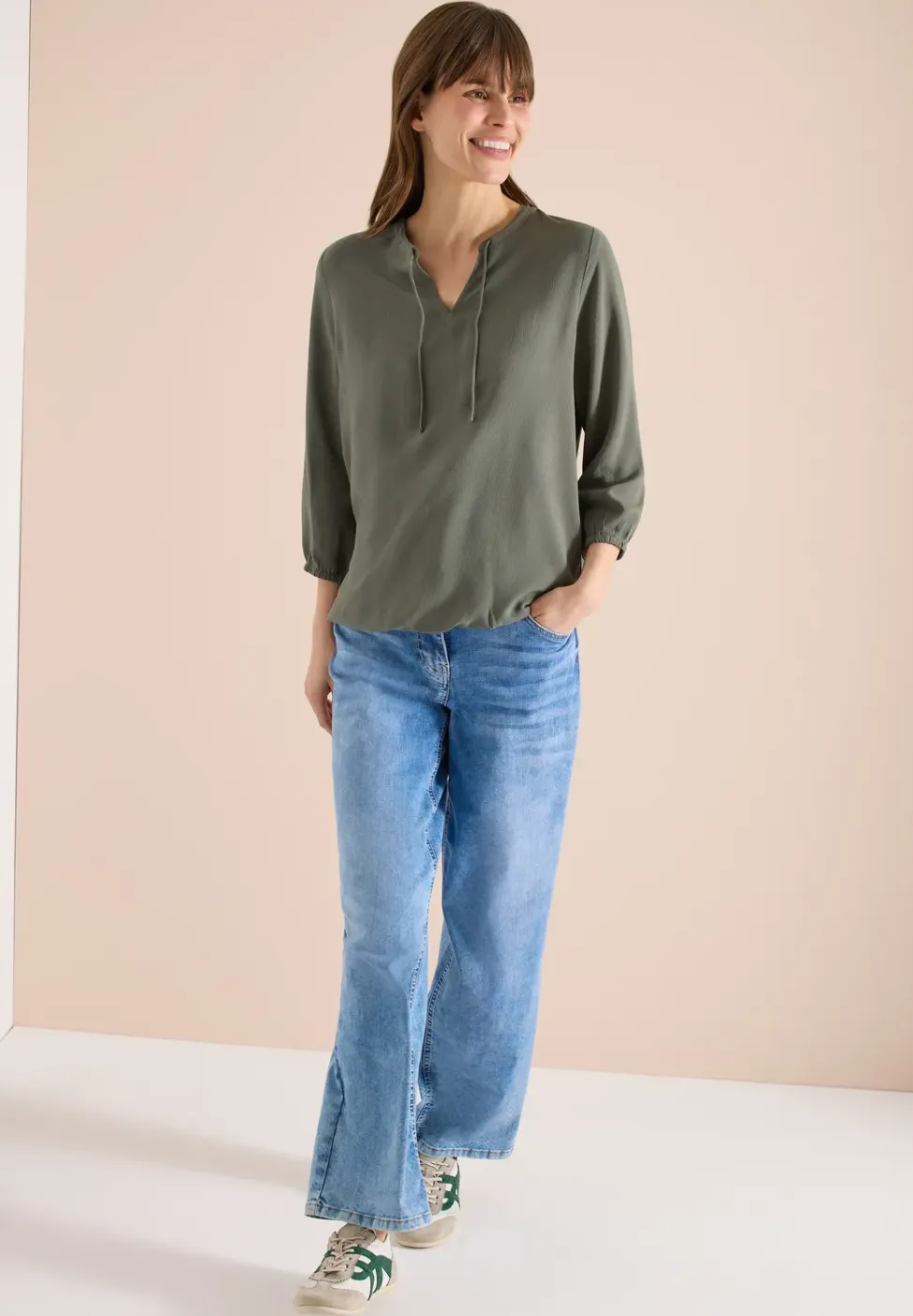 3/4-Arm Bluse mit Split Neck und Bändern