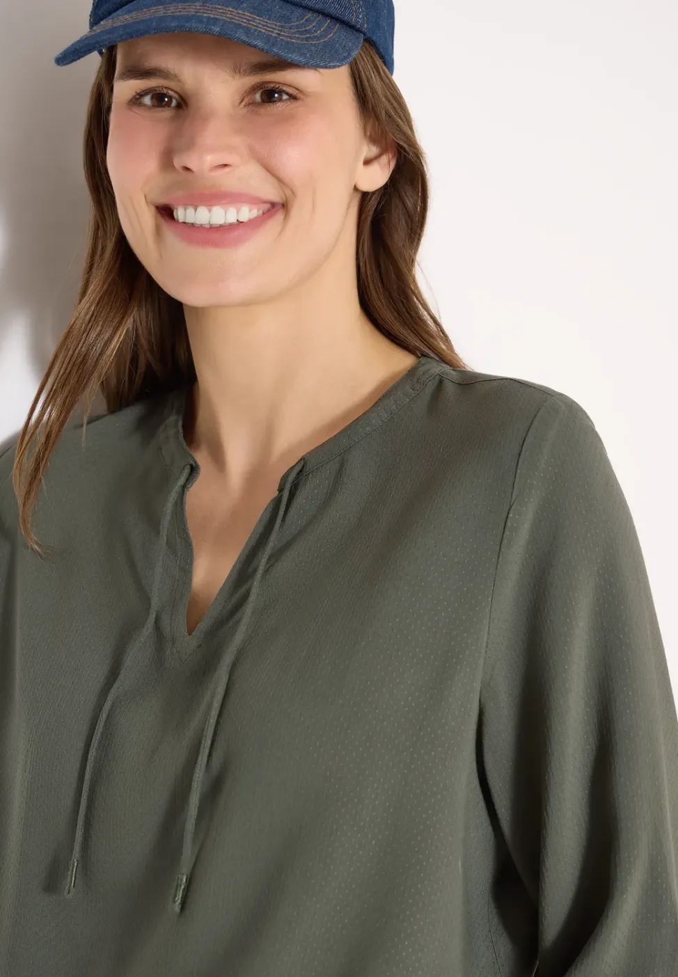 3/4-Arm Bluse mit Split Neck und Bändern