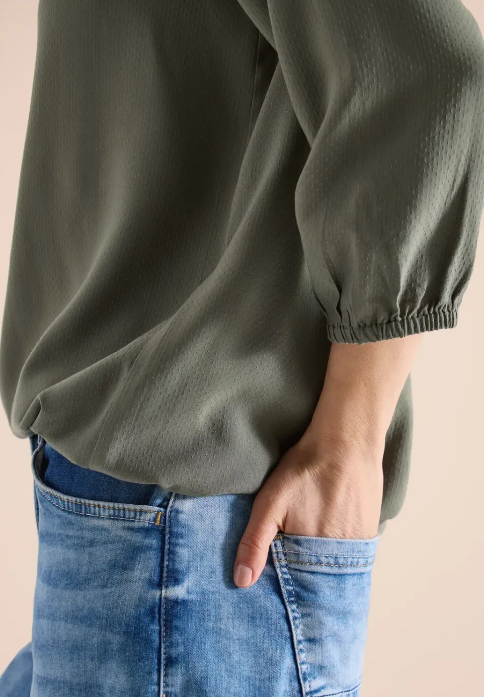 3/4-Arm Bluse mit Split Neck und Bändern