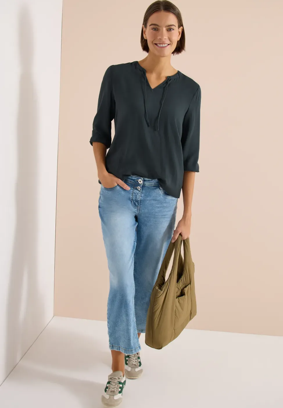 3/4-Arm Bluse mit Split Neck und Bändern