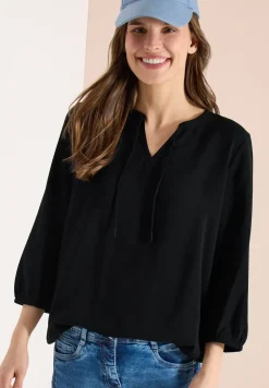 3/4-Arm Bluse mit Split Neck und Bändern