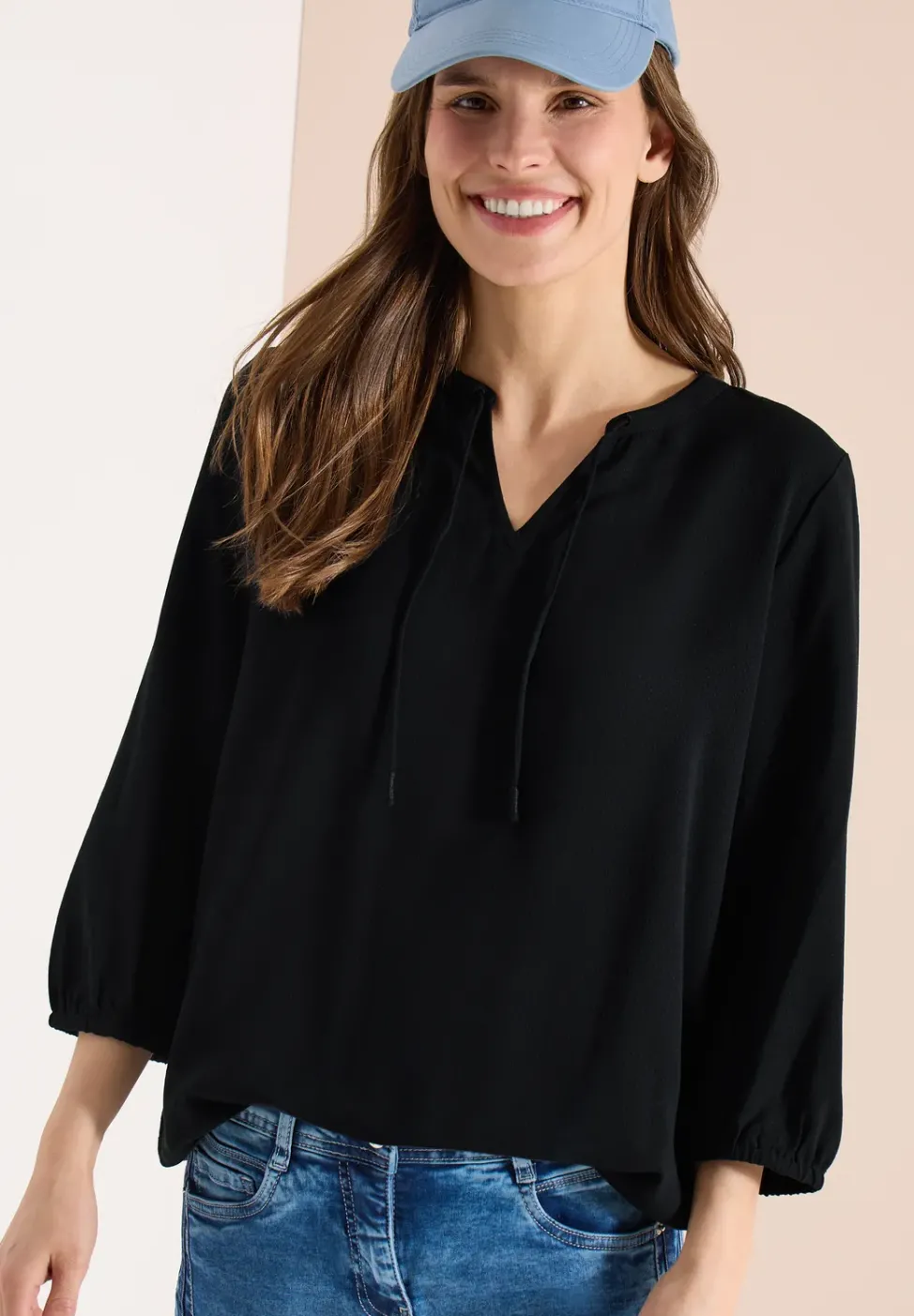 3/4-Arm Bluse mit Split Neck und Bändern