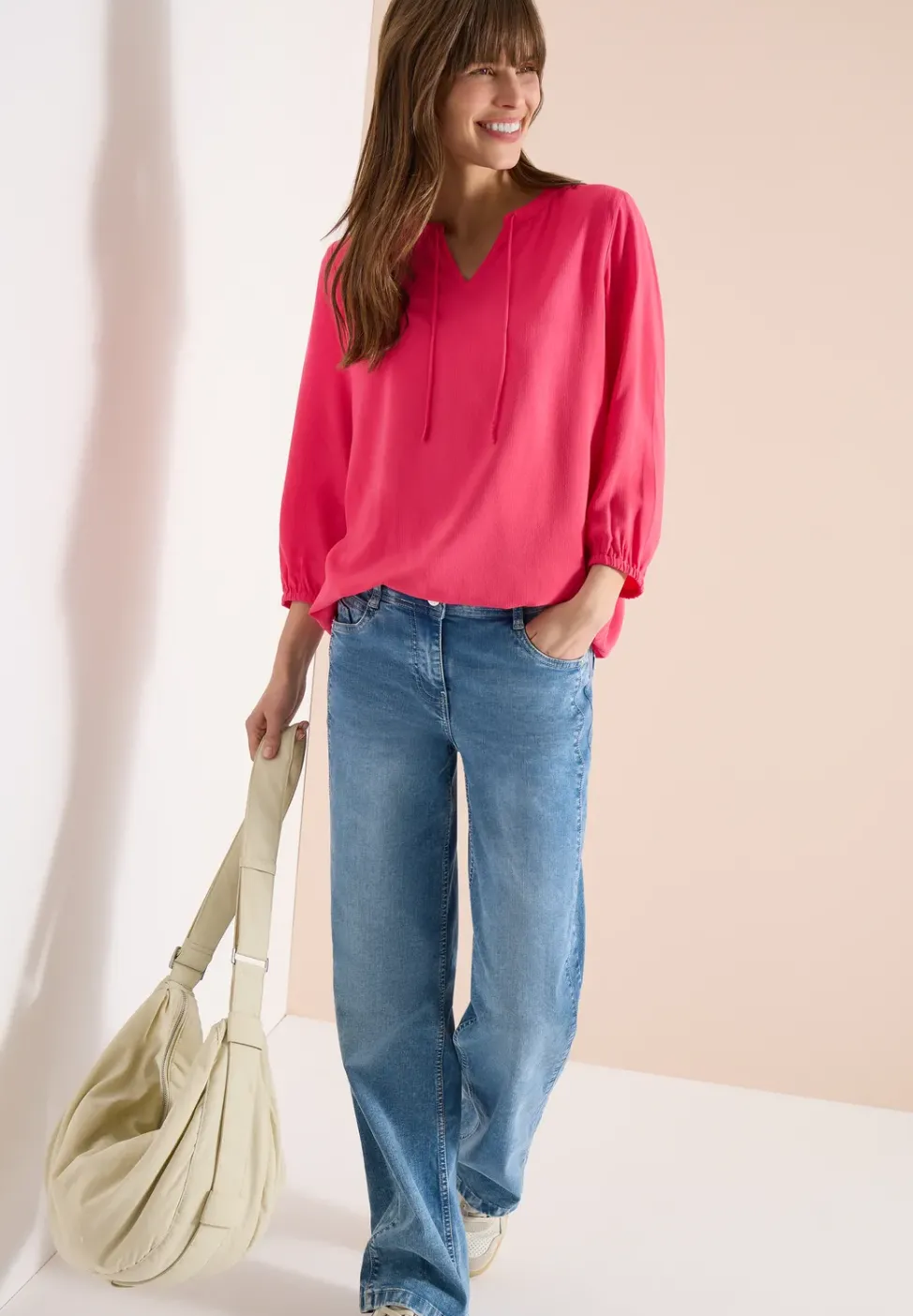 3/4-Arm Bluse mit Split Neck und Bändern