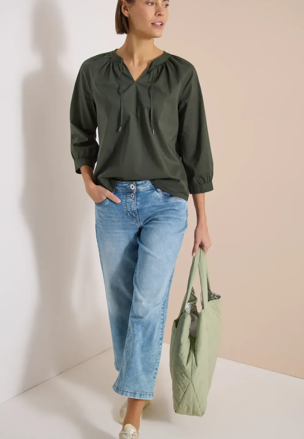 3/4-Arm Bluse mit Split Neck in Unifarbe