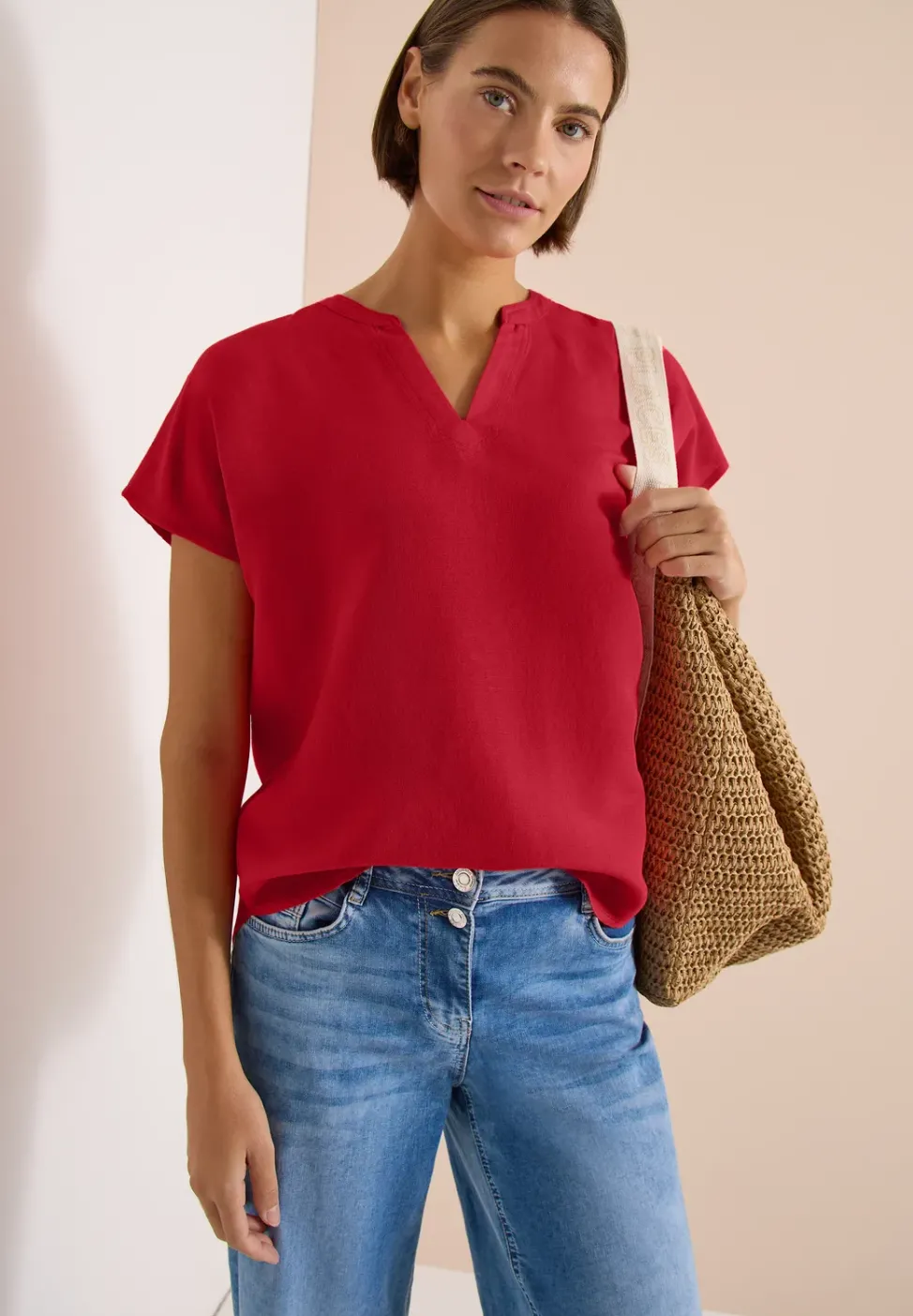 3/4-Arm Bluse mit Split Neck und Bändern