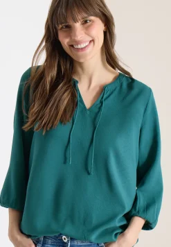 3/4-Arm Bluse mit Split Neck und Bändern