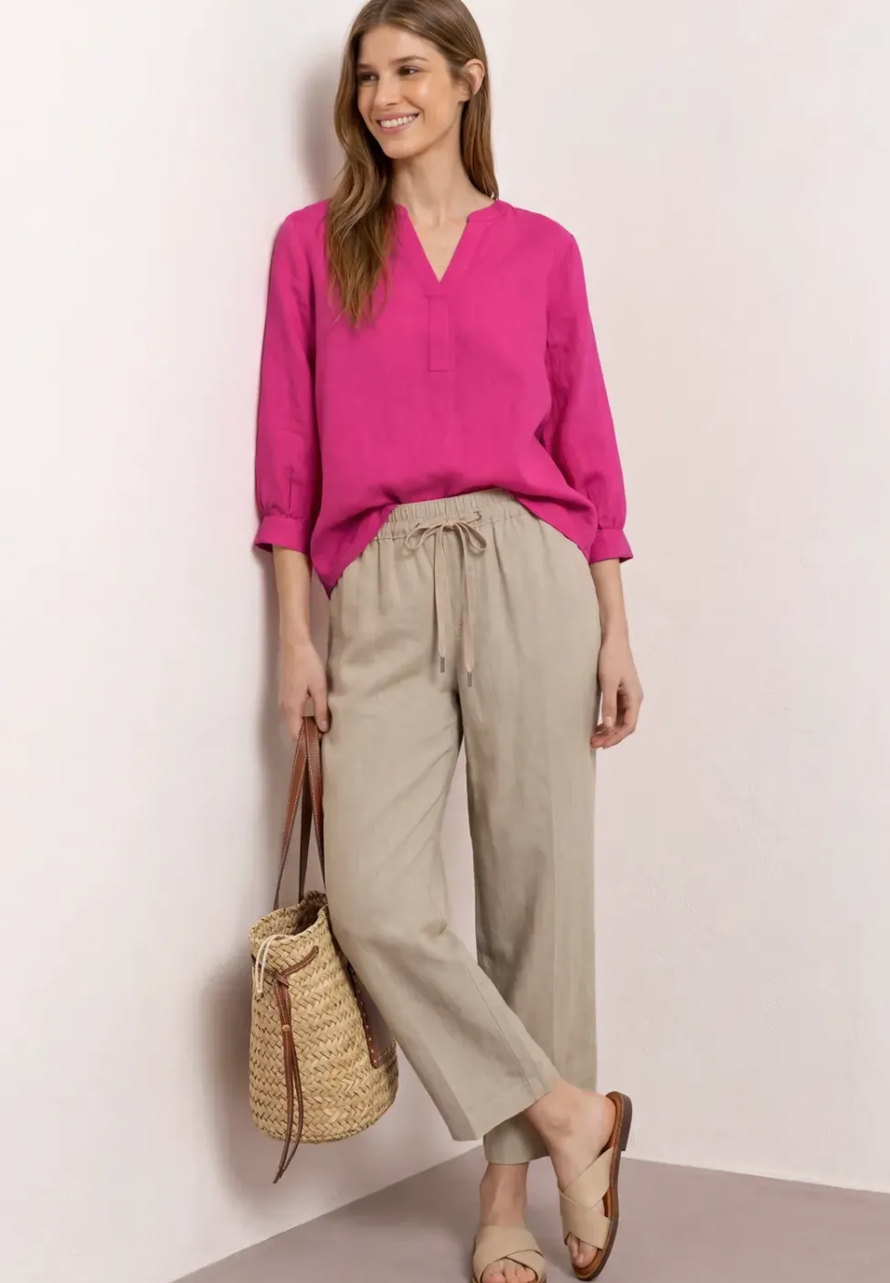 3/4-Arm Bluse aus Leinenmix mit Split Neck