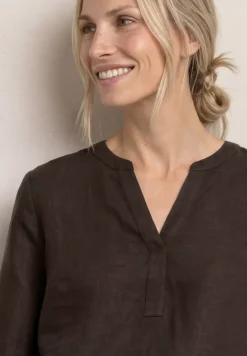 3/4-Arm Bluse aus Leinenmix mit Split Neck
