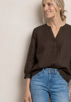 3/4-Arm Bluse aus Leinenmix mit Split Neck