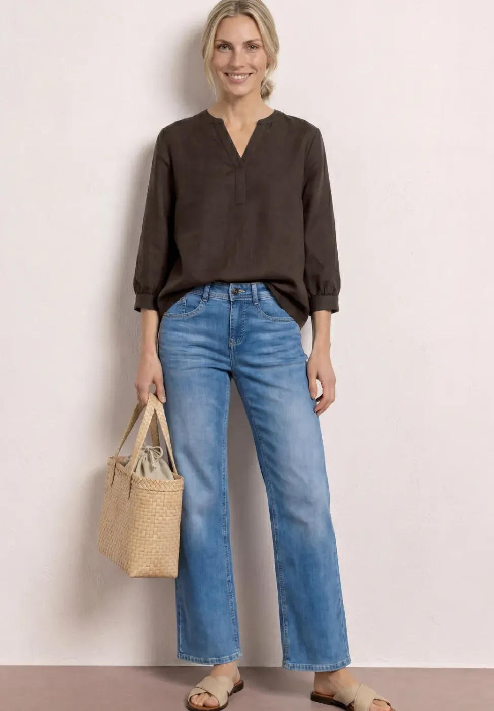 3/4-Arm Bluse aus Leinenmix mit Split Neck