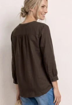 3/4-Arm Bluse aus Leinenmix mit Split Neck