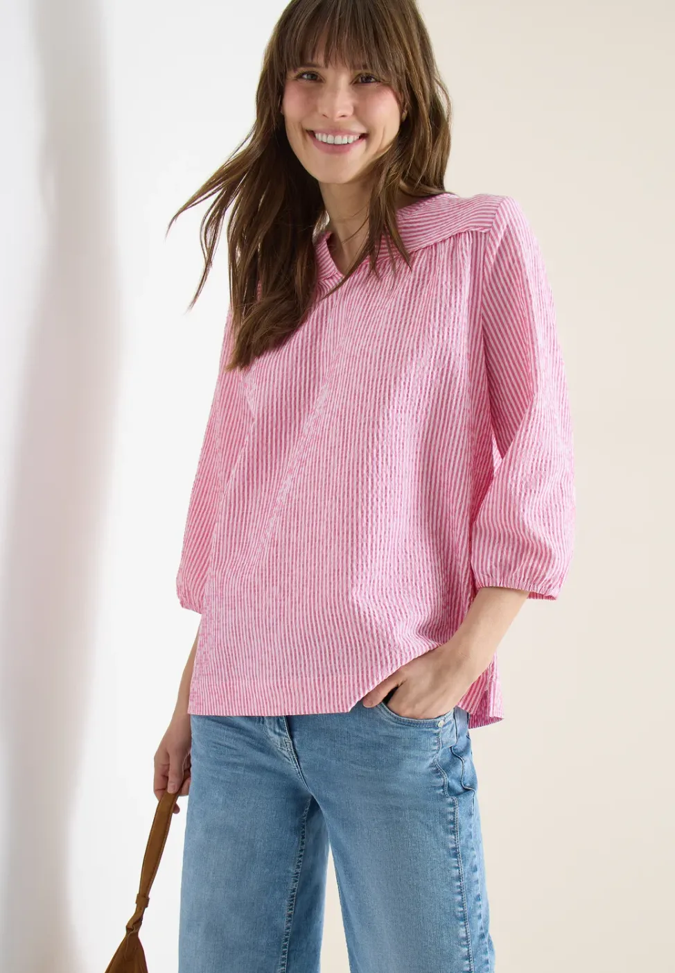 3/4-Arm Bluse in Seersucker Qualität