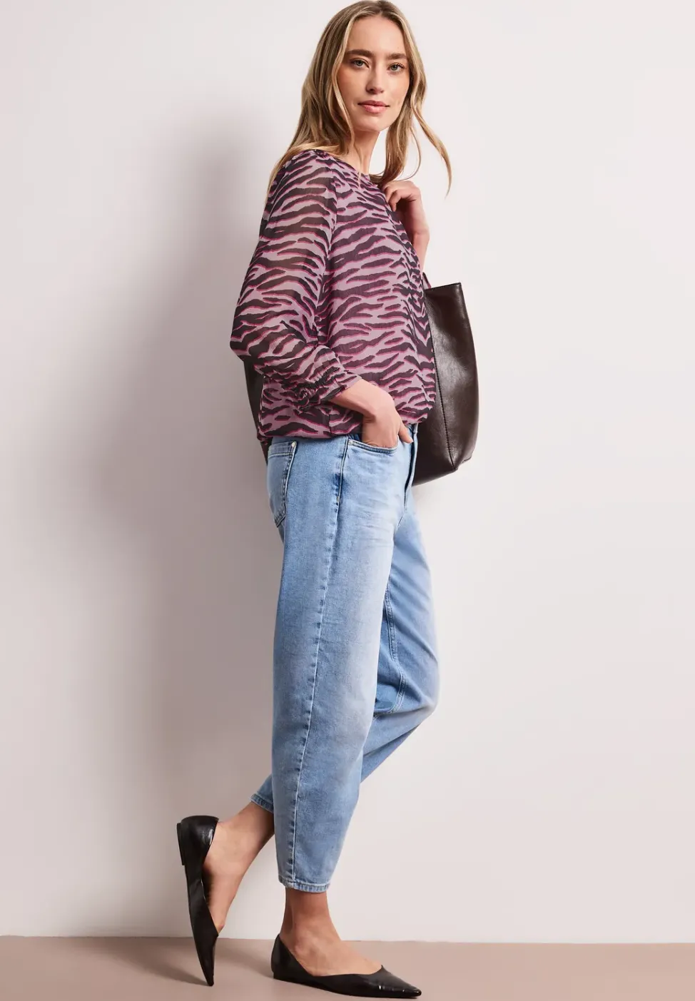 3/4-Arm Bluse mit Rundhals aus Chiffon