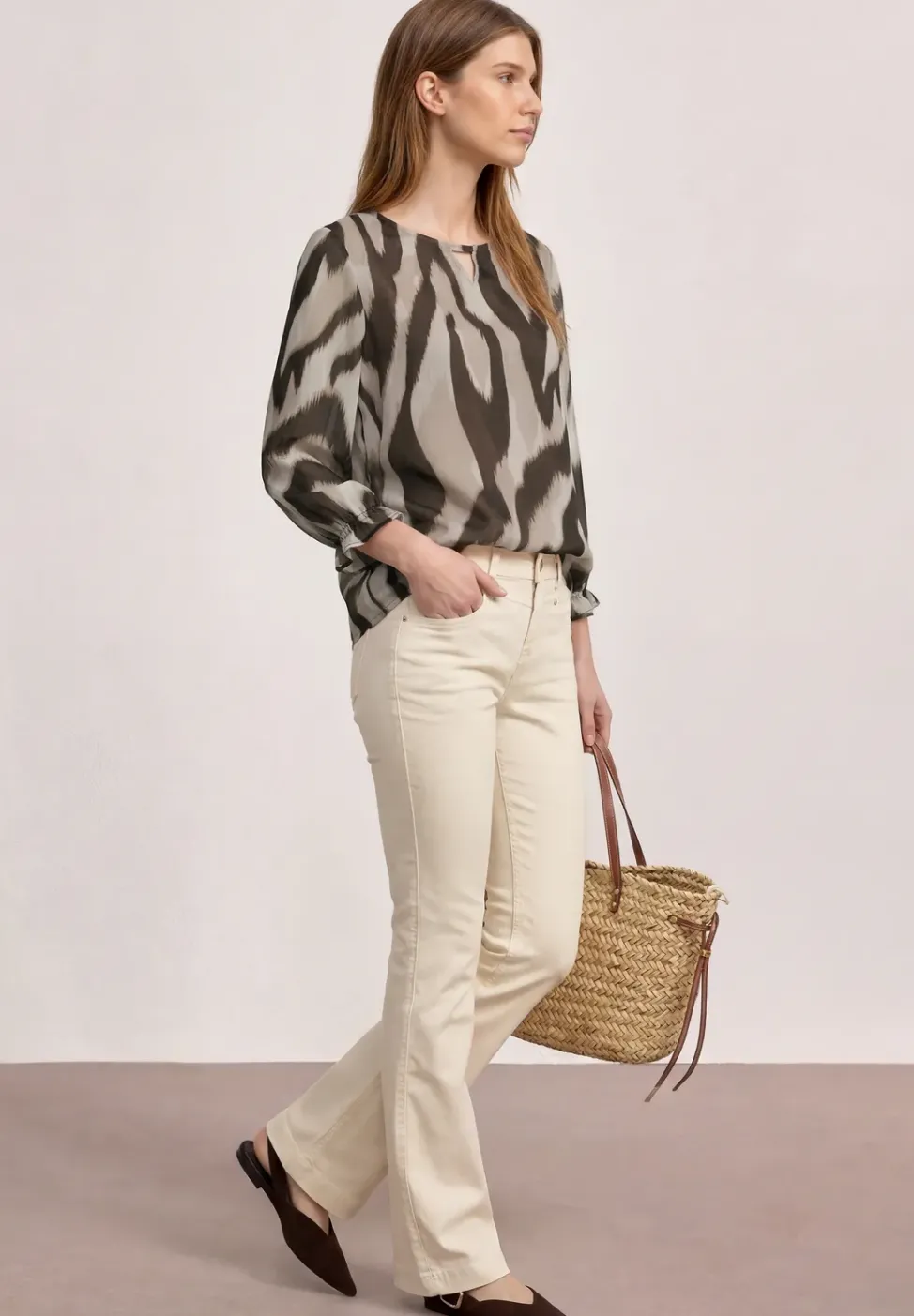 3/4-Arm Bluse mit Rundhals aus Chiffon