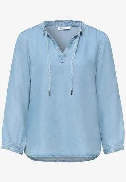 3/4-Arm Bluse mit Split Neck im Denim-Look
