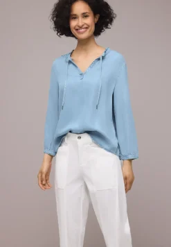 3/4-Arm Bluse mit Split Neck im Denim-Look
