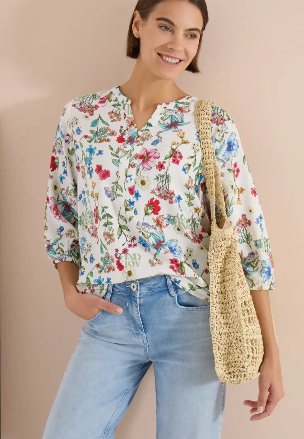 3/4-Arm Bluse mit Split Neck und Print