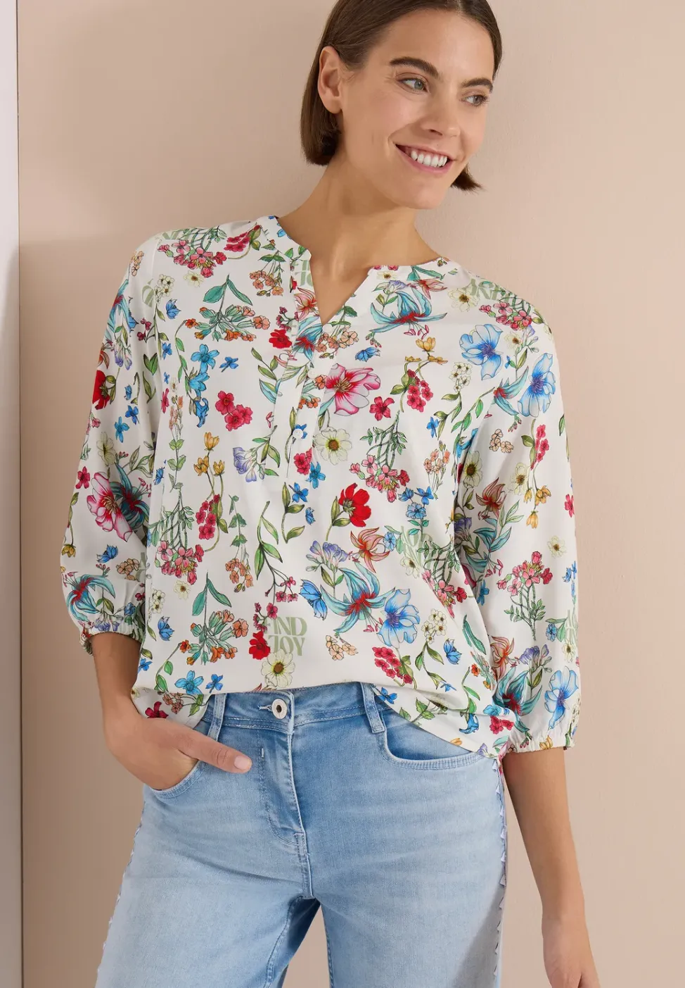 3/4-Arm Bluse mit Split Neck und Print