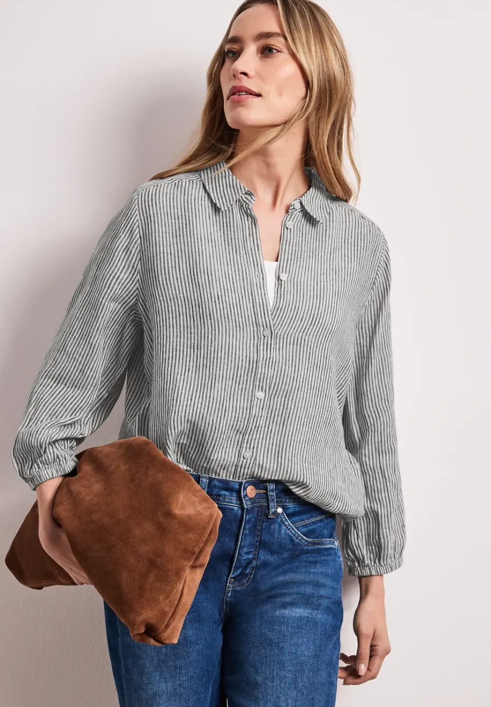3/4-Arm Hemdbluse aus Leinen mit Streifen
