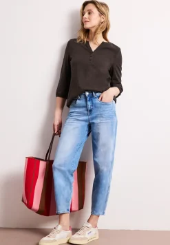3/4-Arm Shirt mit Split Neck und Knöpfen