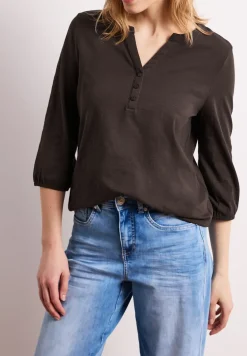 3/4-Arm Shirt mit Split Neck und Knöpfen