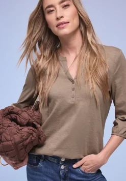 3/4-Arm Shirt mit Split Neck und Knöpfen