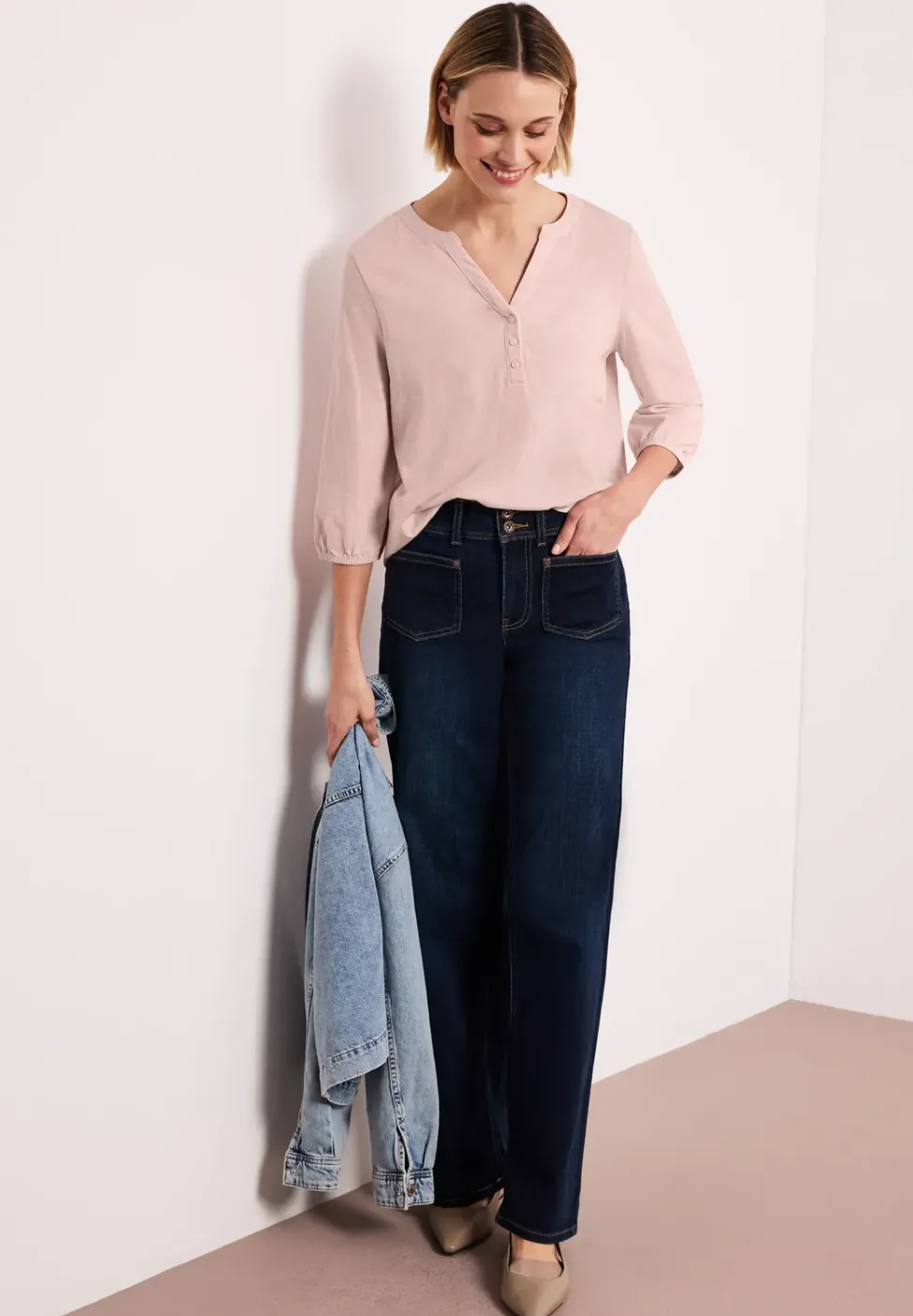 3/4-Arm Shirt mit Split Neck und Knöpfen