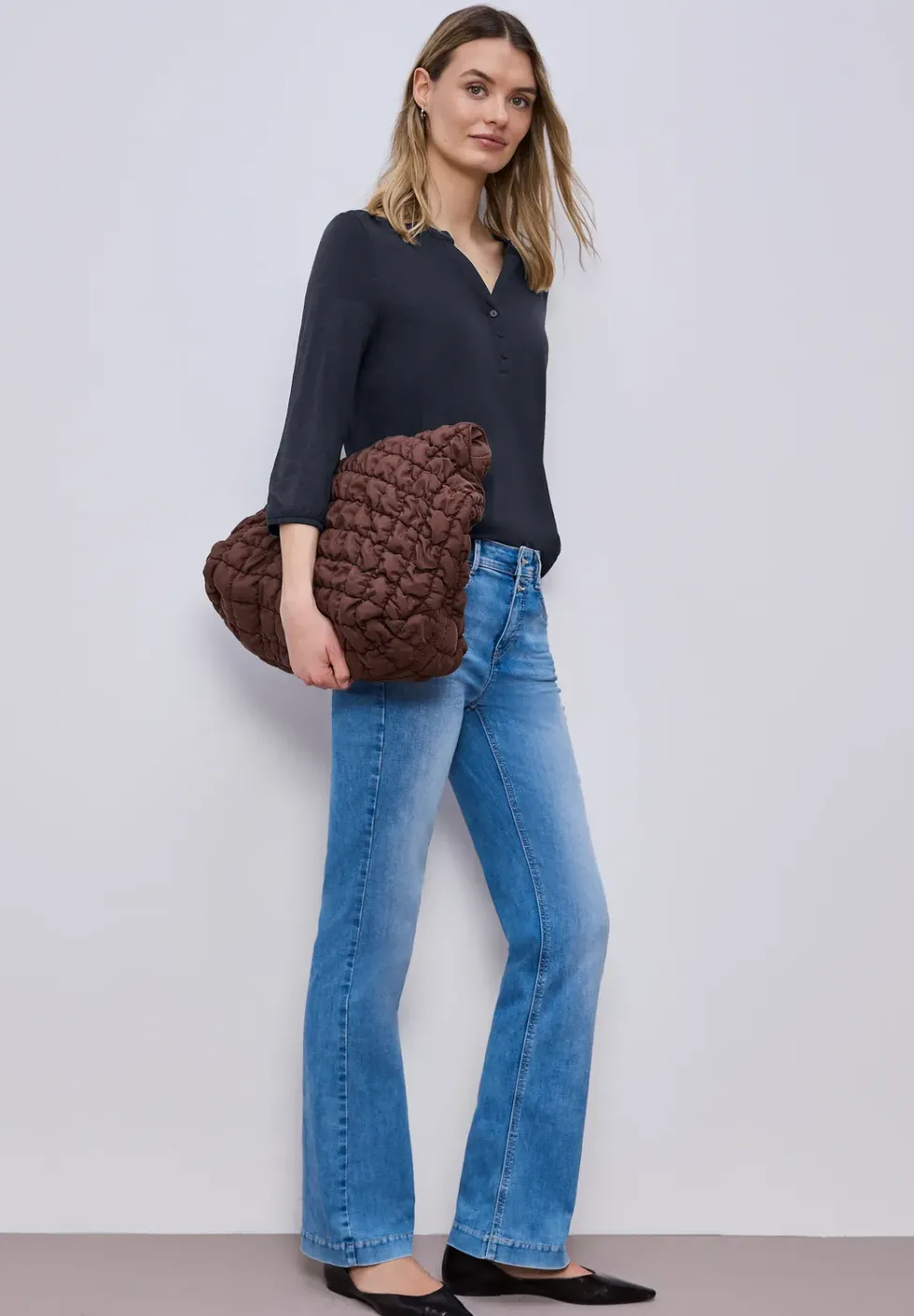 3/4-Arm Shirt mit Split Neck und Knöpfen