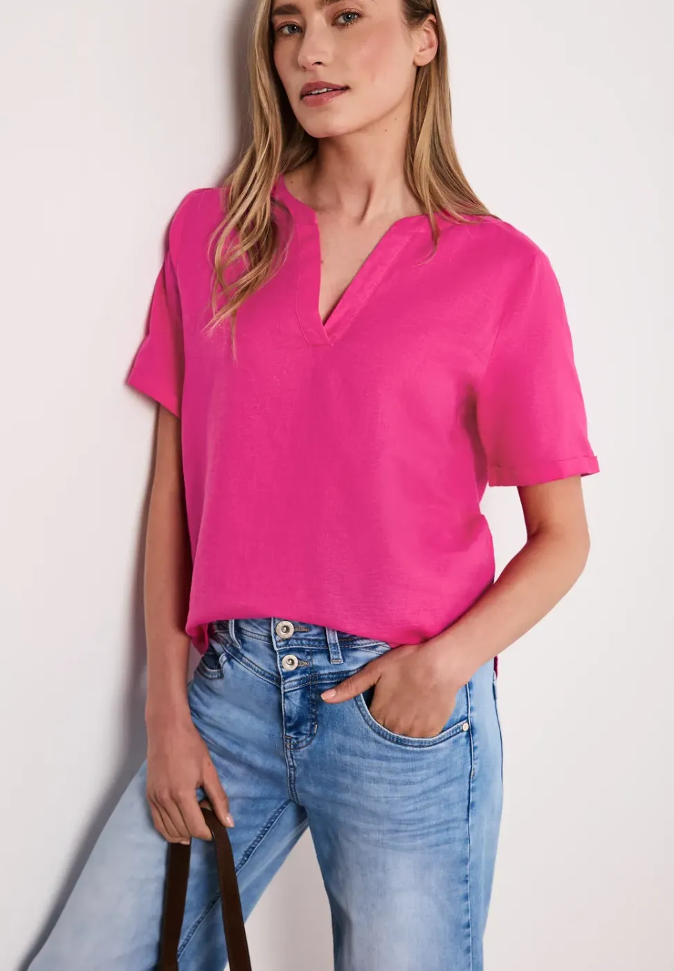 Bluse mit Split Neck aus Leinenmix