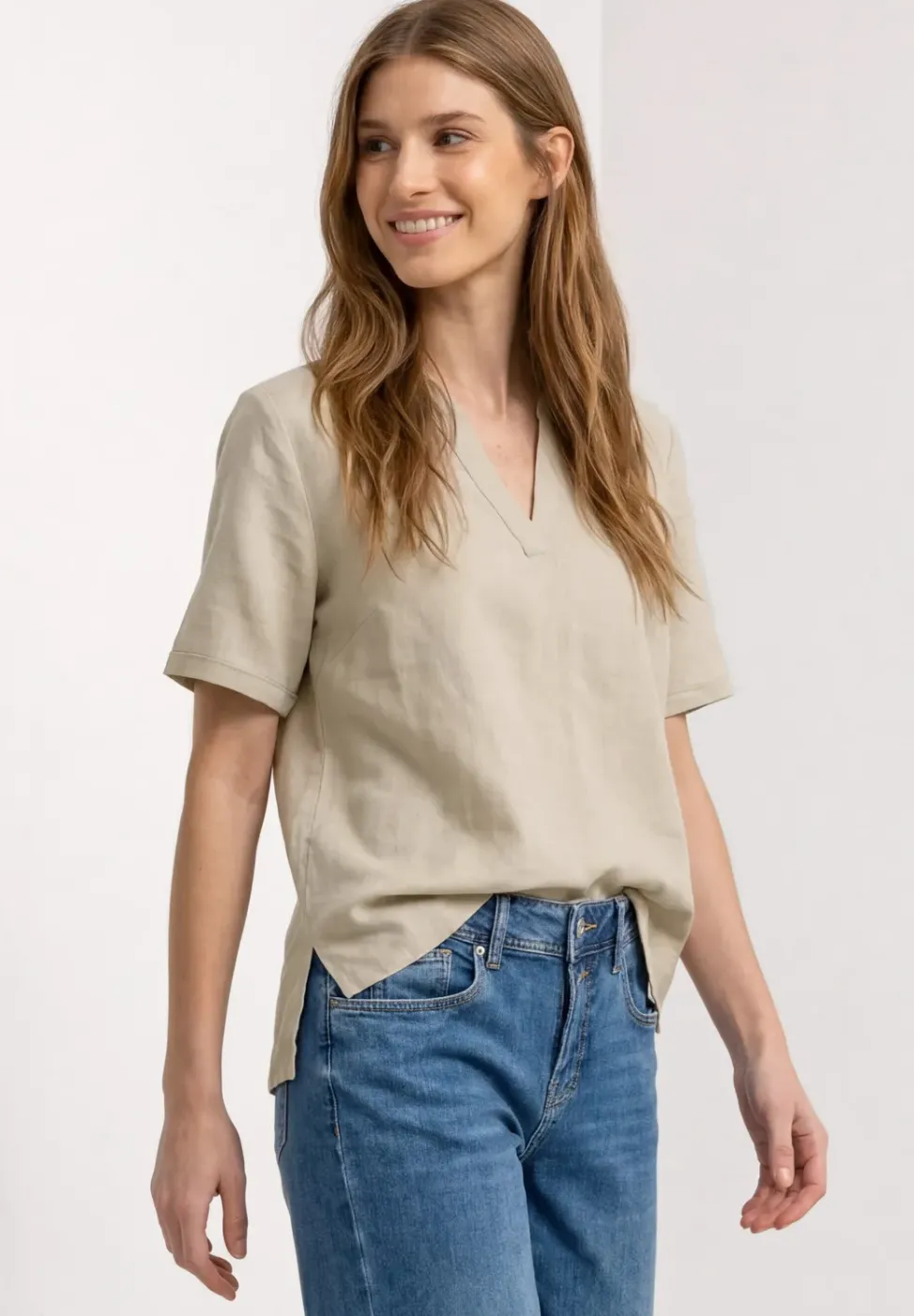 Bluse mit Split Neck aus Leinenmix