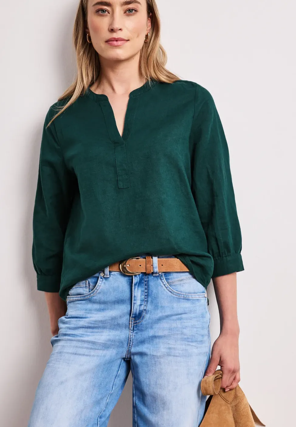 Bluse mit Split Neck aus Leinenmix