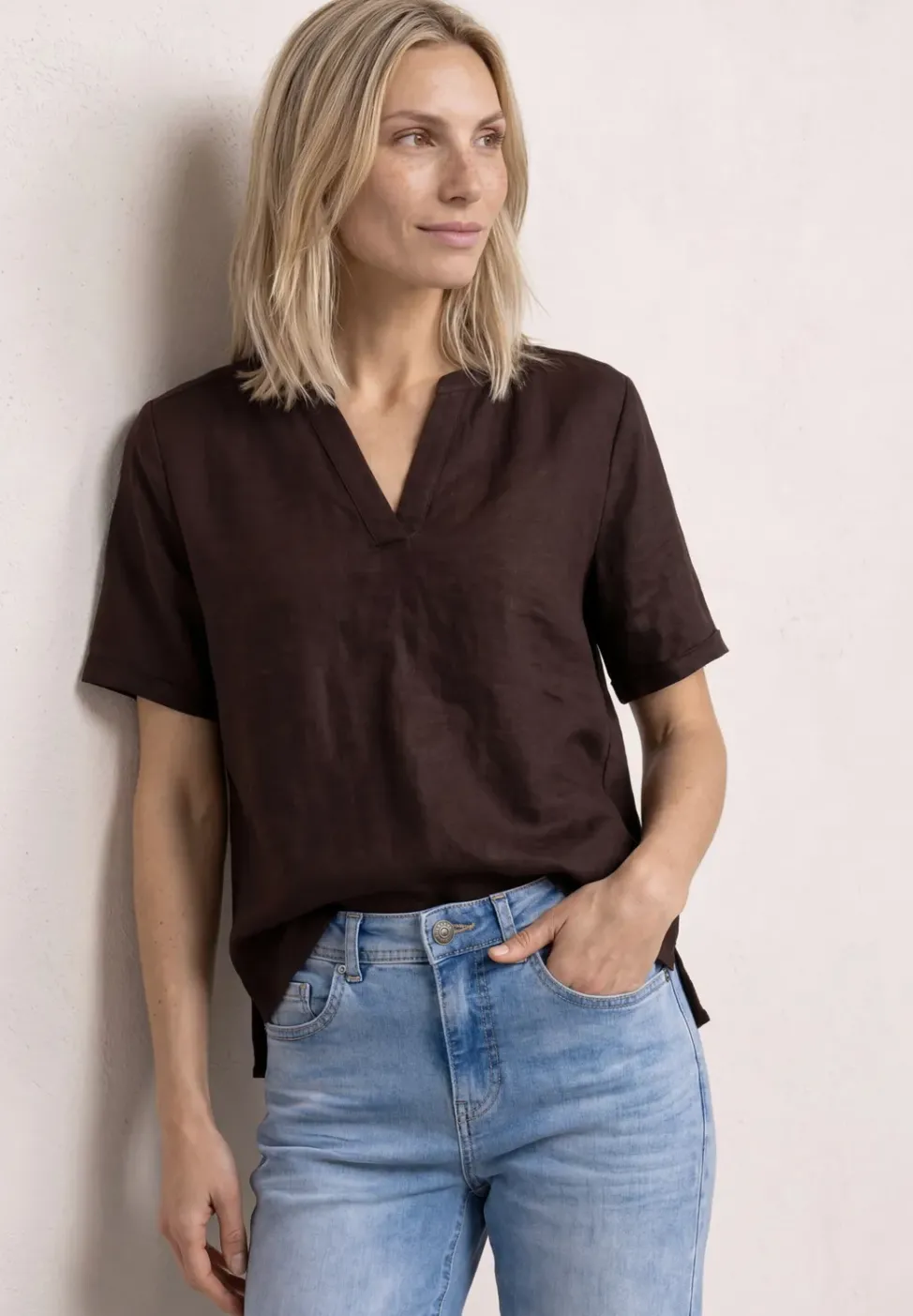 Bluse mit Split Neck aus Leinenmix