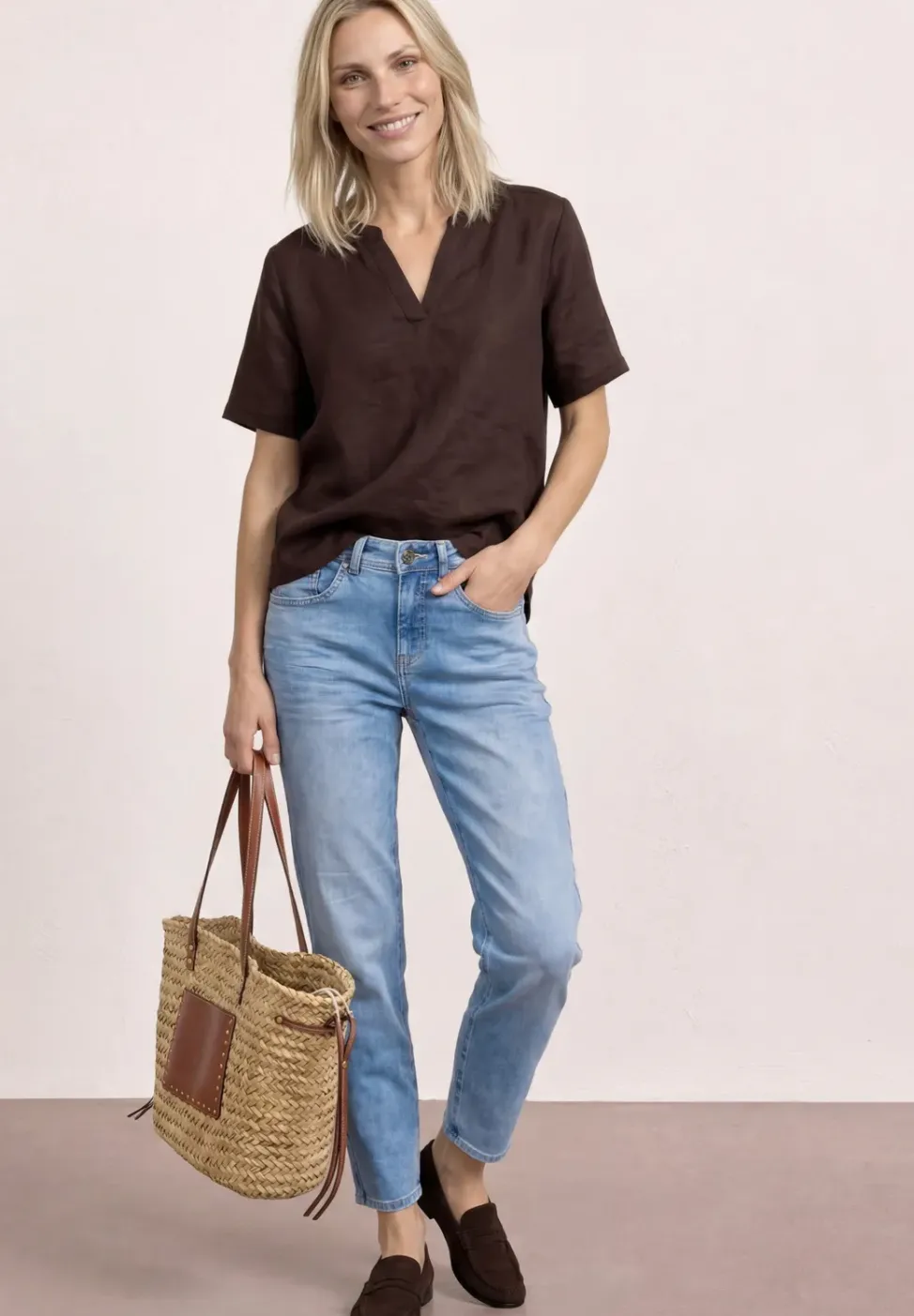 Bluse mit Split Neck aus Leinenmix