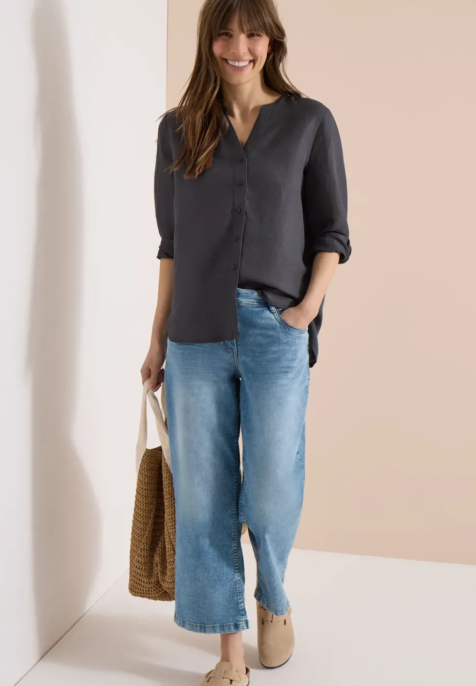 Bluse mit Split Neck aus Leinenmix
