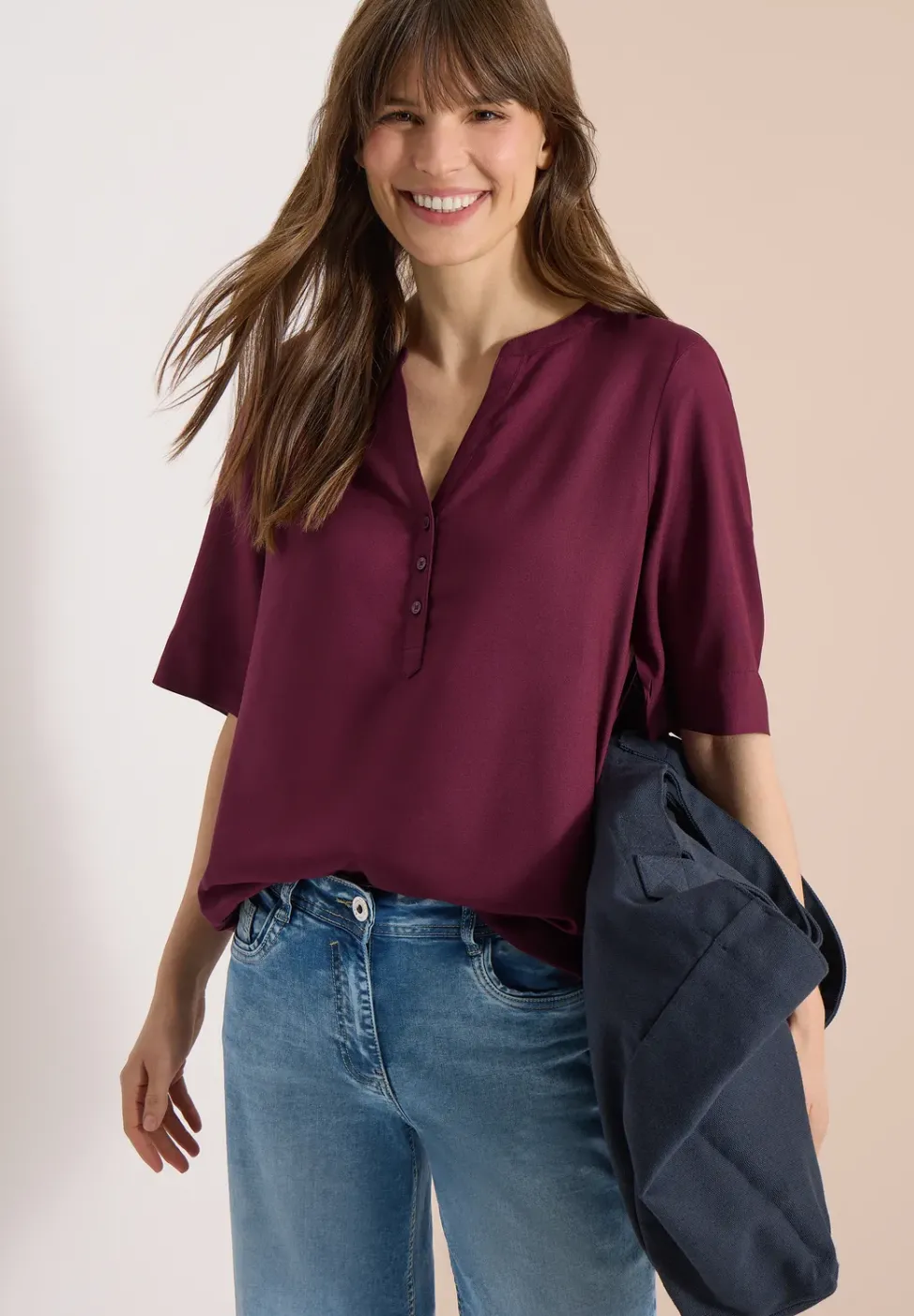 Bluse mit Split Neck und Elastiksaum