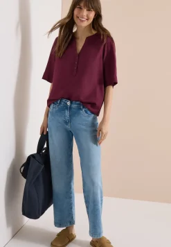 Bluse mit Split Neck und Elastiksaum