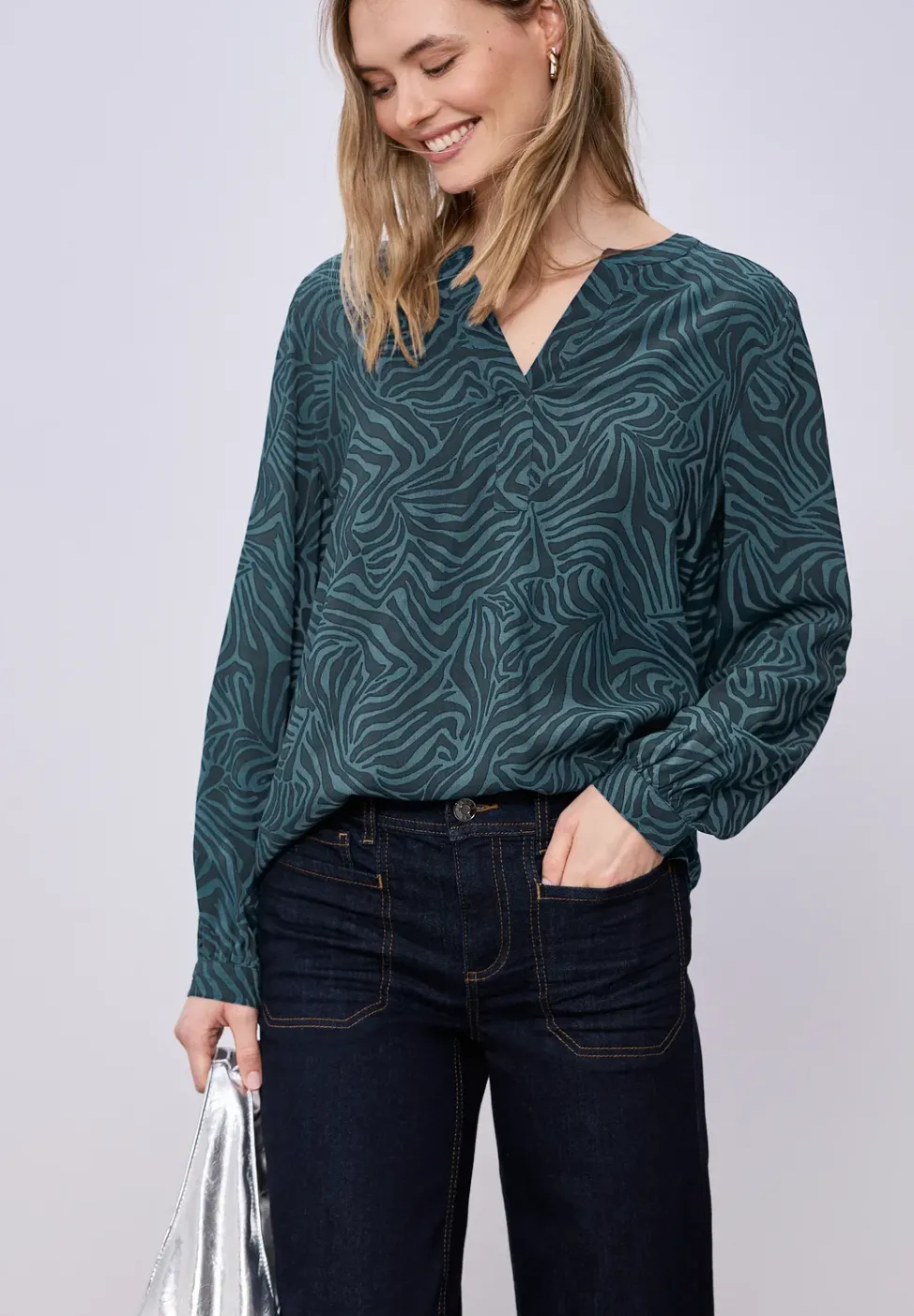Bluse mit Split Neck und Grafikprint