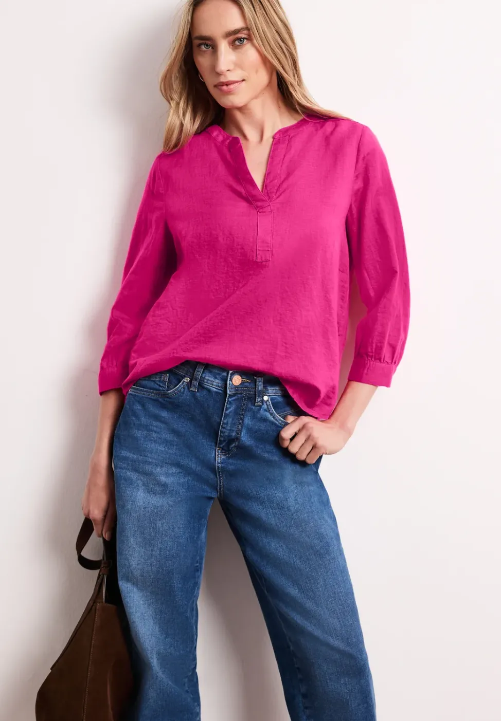 Bluse mit Split Neck aus Leinenmix